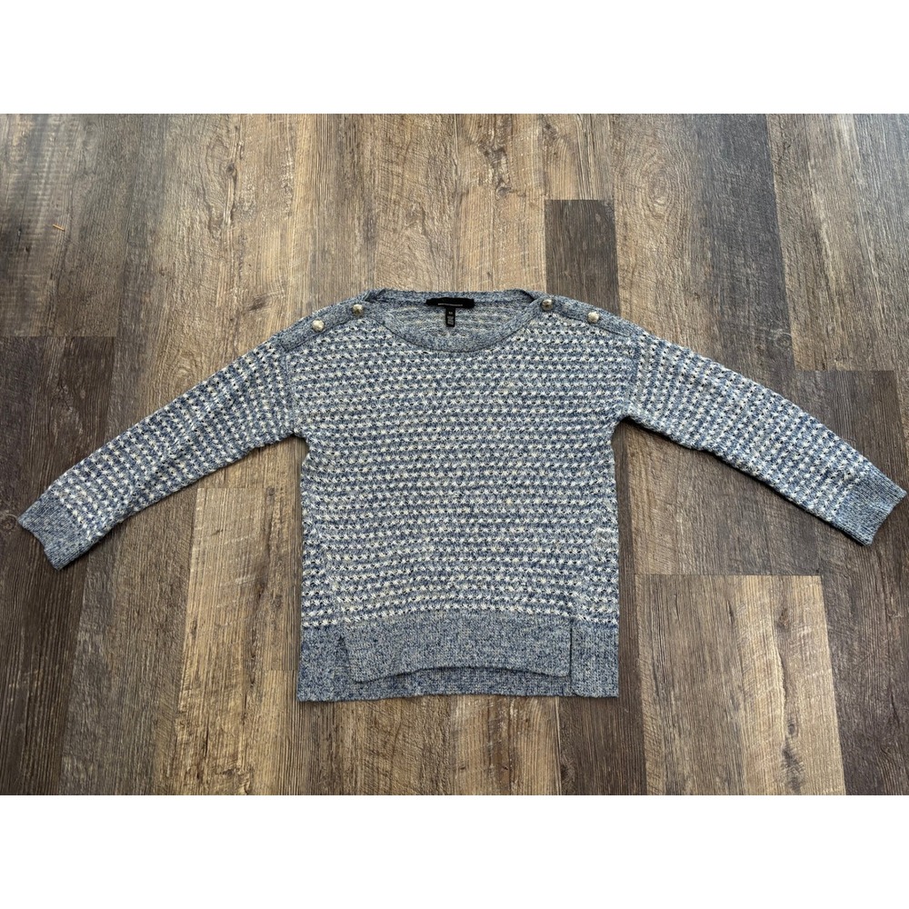 White House Black Market Blue White Button Shoulder Knit Sweater XS